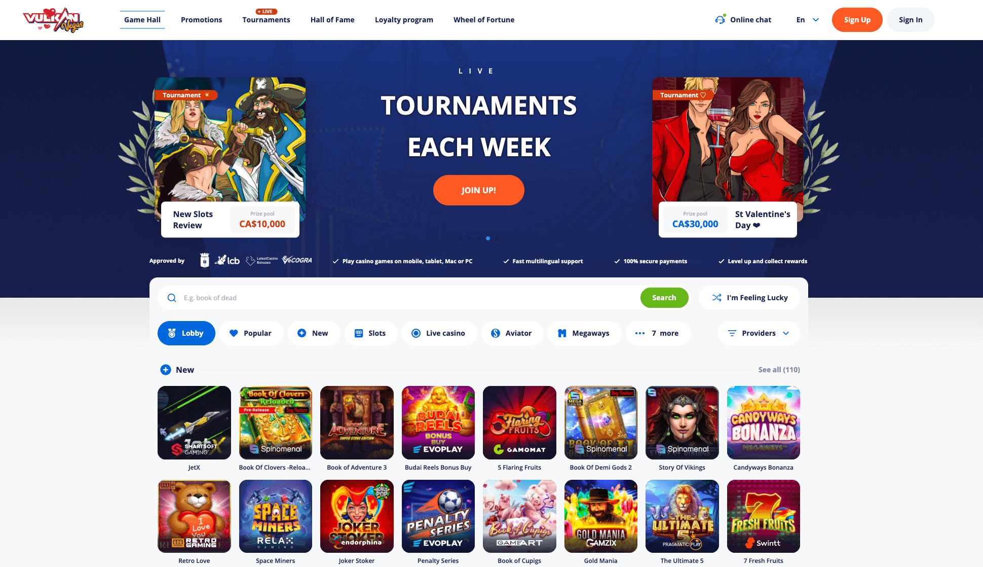 Vulkan Vegas casino homepage